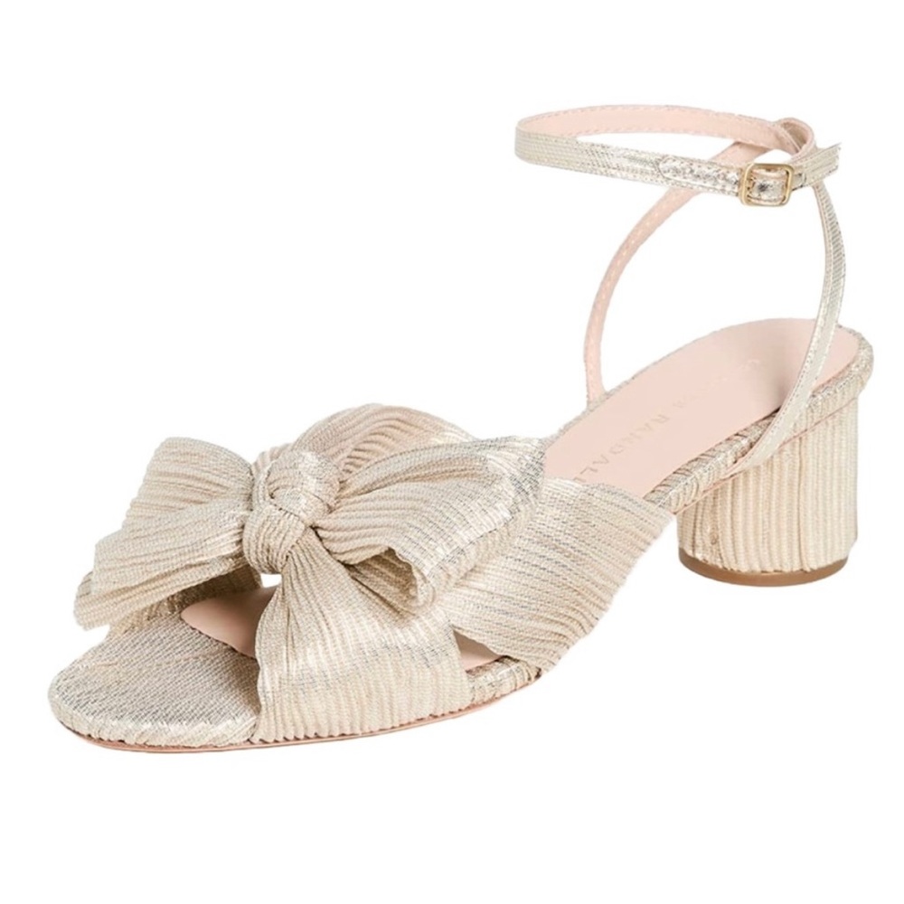 NWT Classic Loeffler Randall Dahlia Platinum Pleated Bow Heel sandal